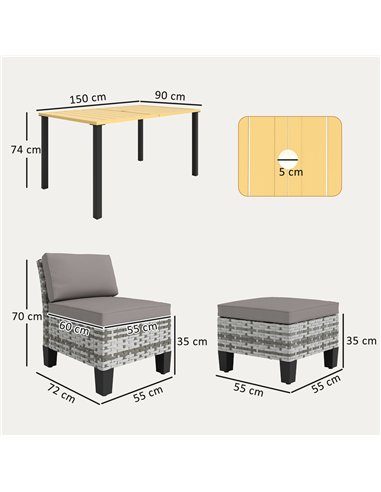 Outsunny 7-Piece Rattan Garden Dining Set, 6 Seater Wicker Garden Furniture Set with Seat and Back Cushions, Umbrella Hole, Pati