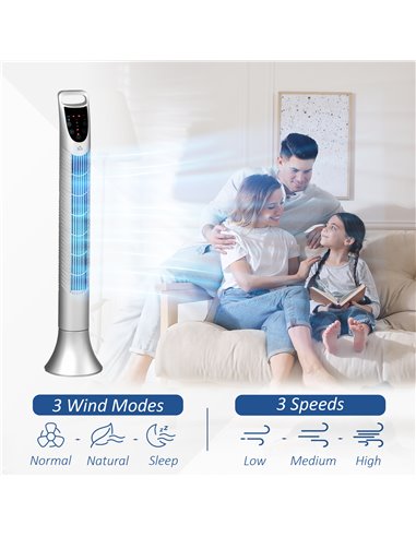 HOMCOM 36'' Freestanding Tower Fan, 3 Speed 3 Mode, 7.5h Timer, 70 Degree Oscillation, LED Panel, 5M Remote Controller, Silver