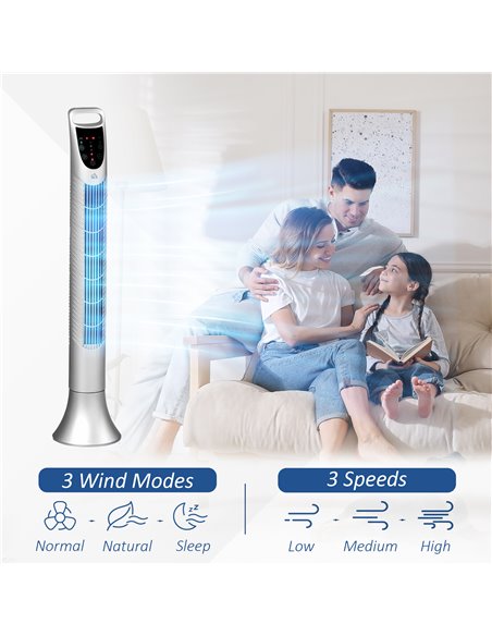 HOMCOM 36'' Freestanding Tower Fan, 3 Speed 3 Mode, 7.5h Timer, 70 Degree Oscillation, LED Panel, 5M Remote Controller, Silver - pic 16396 | FastDaddyshop