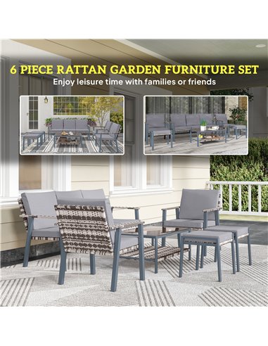 Outsunny Six-Piece Rattan Garden Sofa Set - Grey