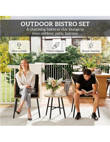 Outsunny Three-Piece Cut-Out Rattan Chair and Table Set - Brown/Black