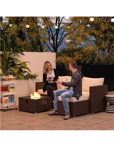 Outsunny Five Piece Rattan Garden Furniture Set with Gas Fire Pit Table and Footstool - Brown and Cream White
