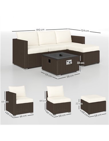 Outsunny Five Piece Rattan Garden Furniture Set with Gas Fire Pit Table and Footstool - Brown and Cream White
