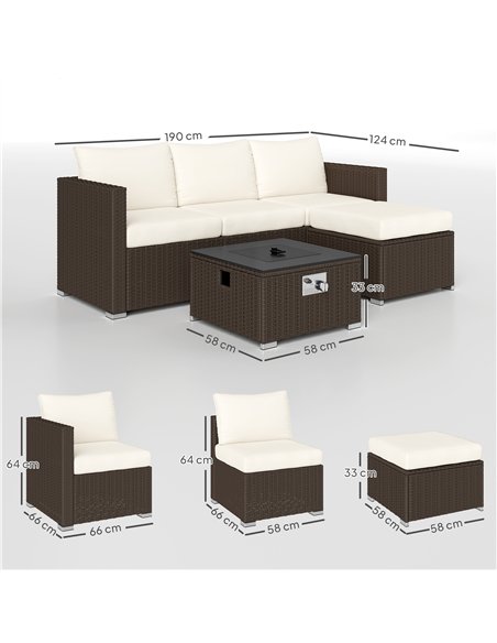 Outsunny Five Piece Rattan Garden Furniture Set with Gas Fire Pit Table and Footstool - Brown and Cream White - pic 163984 | FastDaddyshop