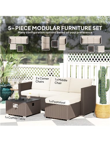 Outsunny Five Piece Rattan Garden Furniture Set with Gas Fire Pit Table and Footstool - Brown and Cream White