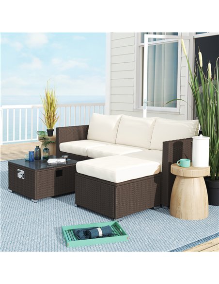 Outsunny Five Piece Rattan Garden Furniture Set with Gas Fire Pit Table and Footstool - Brown and Cream White - pic 163990 | FastDaddyshop