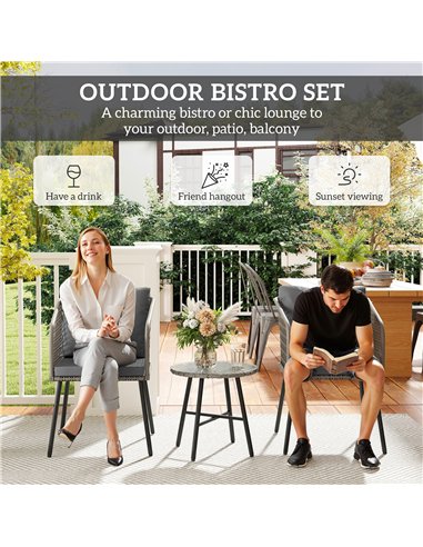 Outsunny Three-Piece Cut-Out Rattan Chair and Table Set - Grey