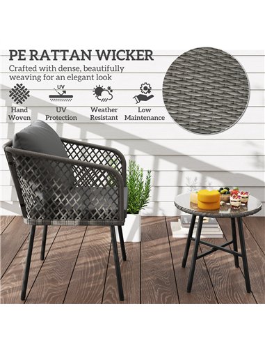 Outsunny Three-Piece Cut-Out Rattan Chair and Table Set - Grey