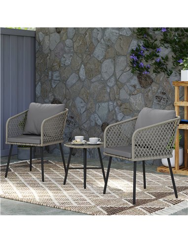 Outsunny Three-Piece Cut-Out Rattan Chair and Table Set - Grey