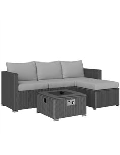 Outsunny Five Piece Rattan Garden Furniture Set with Gas Fire Pit Table and Footstool - Grey