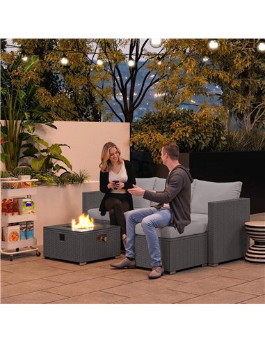Outsunny Five Piece Rattan Garden Furniture Set with Gas Fire Pit Table and Footstool - Grey