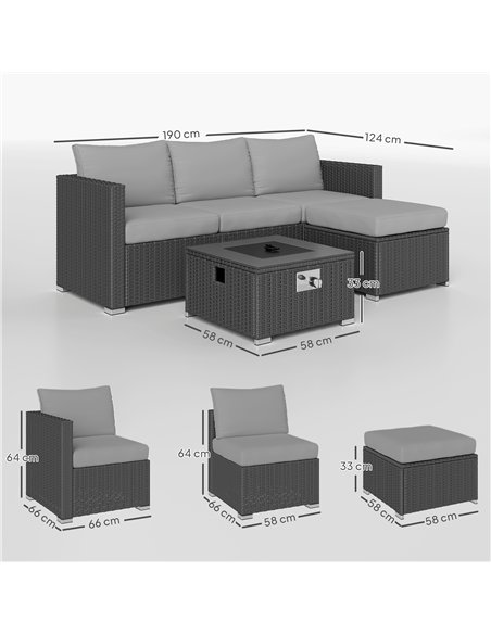 Outsunny Five Piece Rattan Garden Furniture Set with Gas Fire Pit Table and Footstool - Grey - pic 164002 | FastDaddyshop