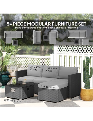 Outsunny Five Piece Rattan Garden Furniture Set with Gas Fire Pit Table and Footstool - Grey