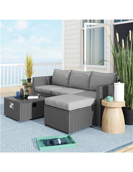 Outsunny Five Piece Rattan Garden Furniture Set with Gas Fire Pit Table and Footstool - Grey - pic 164008 | FastDaddyshop
