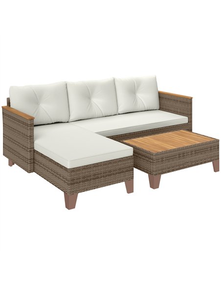 Outsunny 3 Pieces Rattan Garden Furniture Set, L Shaped Garden Conversation Chaise Lounge Furniture with Wood Top Coffee Table a - pic 164009 | FastDaddyshop