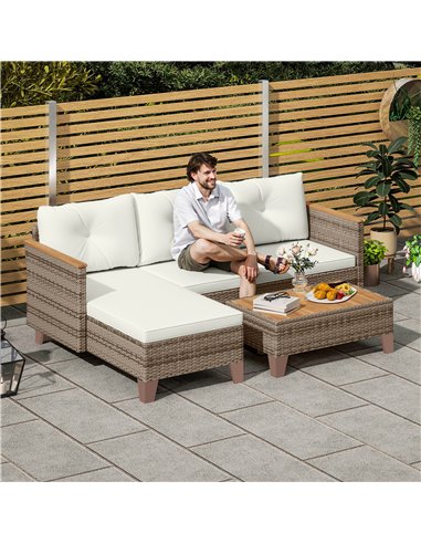 Outsunny 3 Pieces Rattan Garden Furniture Set, L Shaped Garden Conversation Chaise Lounge Furniture with Wood Top Coffee Table a