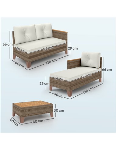Outsunny 3 Pieces Rattan Garden Furniture Set, L Shaped Garden Conversation Chaise Lounge Furniture with Wood Top Coffee Table a
