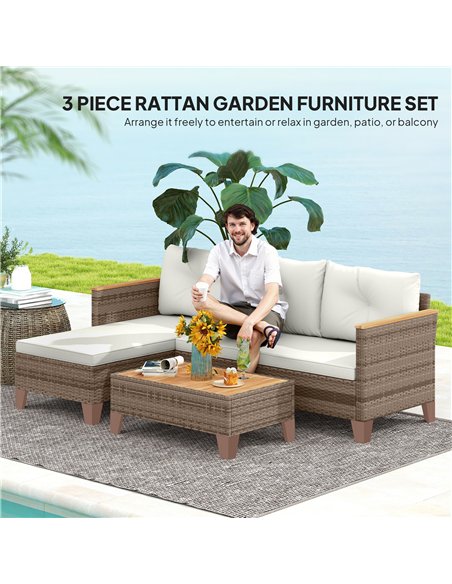 Outsunny 3 Pieces Rattan Garden Furniture Set, L Shaped Garden Conversation Chaise Lounge Furniture with Wood Top Coffee Table a - pic 164012 | FastDaddyshop