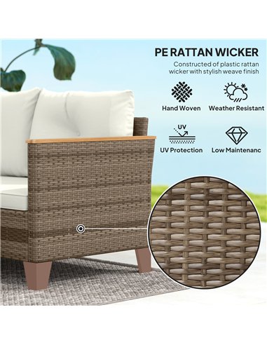 Outsunny 3 Pieces Rattan Garden Furniture Set, L Shaped Garden Conversation Chaise Lounge Furniture with Wood Top Coffee Table a