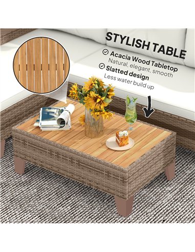Outsunny 3 Pieces Rattan Garden Furniture Set, L Shaped Garden Conversation Chaise Lounge Furniture with Wood Top Coffee Table a