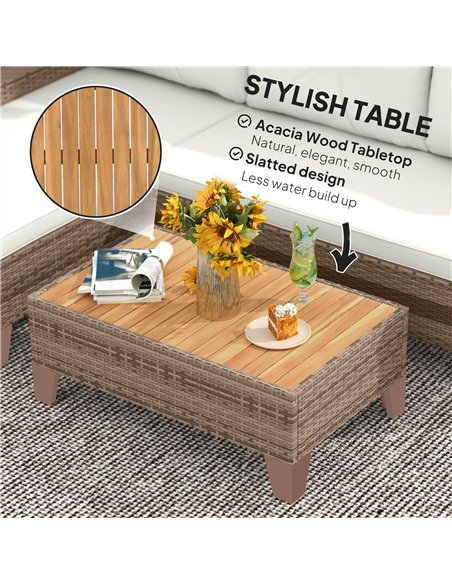 Outsunny 3 Pieces Rattan Garden Furniture Set, L Shaped Garden Conversation Chaise Lounge Furniture with Wood Top Coffee Table a - pic 164015 | FastDaddyshop