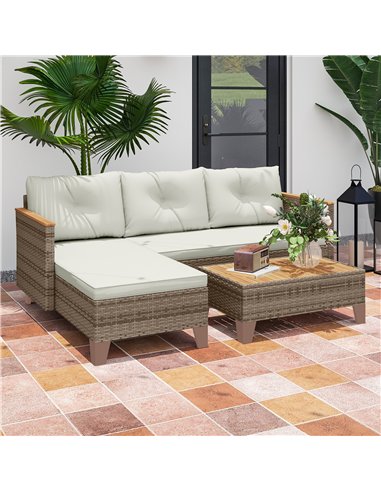 Outsunny 3 Pieces Rattan Garden Furniture Set, L Shaped Garden Conversation Chaise Lounge Furniture with Wood Top Coffee Table a