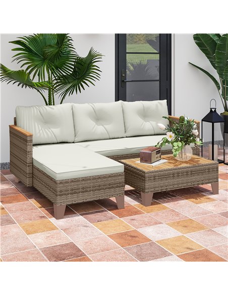 Outsunny 3 Pieces Rattan Garden Furniture Set, L Shaped Garden Conversation Chaise Lounge Furniture with Wood Top Coffee Table a - pic 164016 | FastDaddyshop