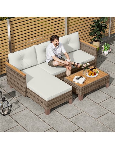 Outsunny 3 Pieces Rattan Garden Furniture Set, L Shaped Garden Conversation Chaise Lounge Furniture with Wood Top Coffee Table a