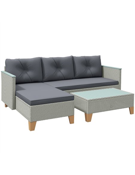 Outsunny 3 Pieces Rattan Garden Furniture Set, L Shaped Garden Conversation Chaise Lounge Furniture with Wood Top Coffee Table a - pic 164018 | FastDaddyshop
