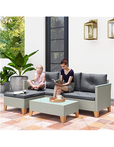 Outsunny 3 Pieces Rattan Garden Furniture Set, L Shaped Garden Conversation Chaise Lounge Furniture with Wood Top Coffee Table a