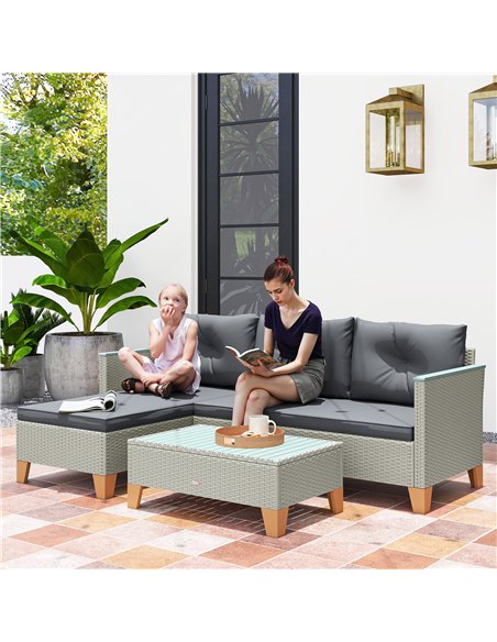 Outsunny 3 Pieces Rattan Garden Furniture Set, L Shaped Garden Conversation Chaise Lounge Furniture with Wood Top Coffee Table a - pic 164019 | FastDaddyshop