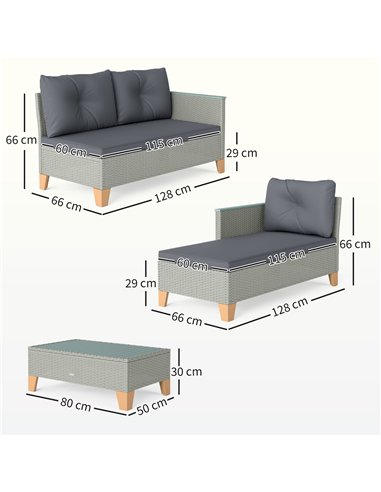 Outsunny 3 Pieces Rattan Garden Furniture Set, L Shaped Garden Conversation Chaise Lounge Furniture with Wood Top Coffee Table a