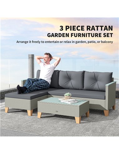 Outsunny 3 Pieces Rattan Garden Furniture Set, L Shaped Garden Conversation Chaise Lounge Furniture with Wood Top Coffee Table a