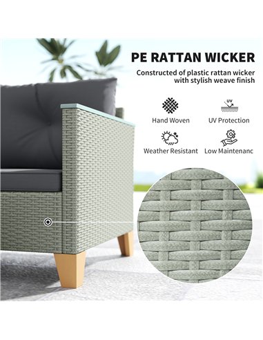 Outsunny 3 Pieces Rattan Garden Furniture Set, L Shaped Garden Conversation Chaise Lounge Furniture with Wood Top Coffee Table a