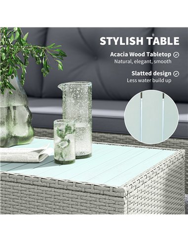 Outsunny 3 Pieces Rattan Garden Furniture Set, L Shaped Garden Conversation Chaise Lounge Furniture with Wood Top Coffee Table a