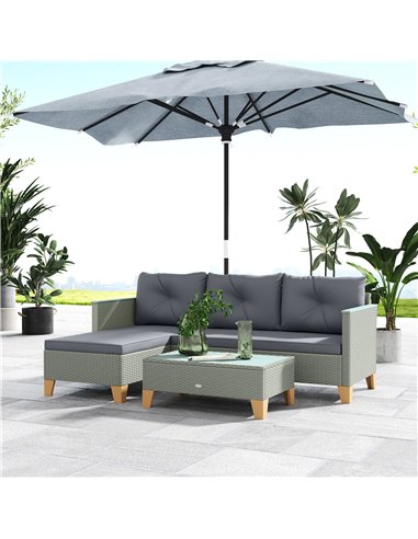Outsunny 3 Pieces Rattan Garden Furniture Set, L Shaped Garden Conversation Chaise Lounge Furniture with Wood Top Coffee Table a