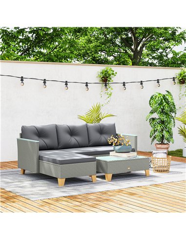 Outsunny 3 Pieces Rattan Garden Furniture Set, L Shaped Garden Conversation Chaise Lounge Furniture with Wood Top Coffee Table a