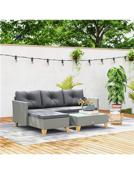 Outsunny 3 Pieces Rattan Garden Furniture Set, L Shaped Garden Conversation Chaise Lounge Furniture with Wood Top Coffee Table a - pic 164026 | FastDaddyshop