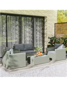 Outsunny 4 Piece Rattan Garden Furniture Set, 4 Seater Wicker Outdoor Sofa Set with 2 Armchairs, Loveseat, Acacia Wood Top Coffe 2