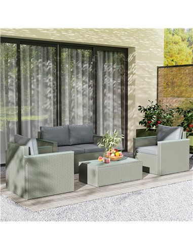 Outsunny 4 Piece Rattan Garden Furniture Set, 4 Seater Wicker Outdoor Sofa Set with 2 Armchairs, Loveseat, Acacia Wood Top Coffe