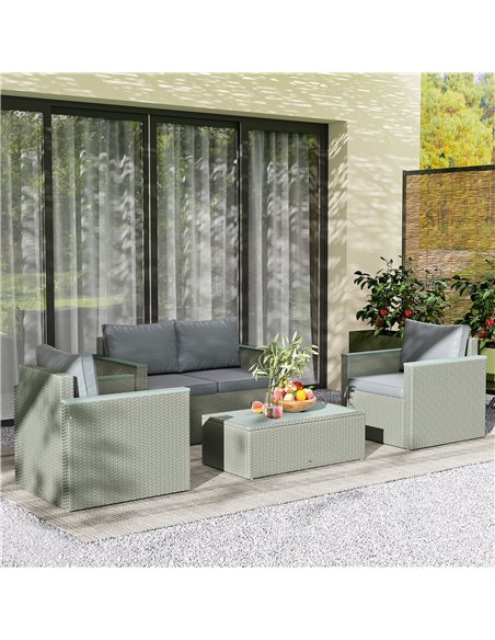 Outsunny 4 Piece Rattan Garden Furniture Set, 4 Seater Wicker Outdoor Sofa Set with 2 Armchairs, Loveseat, Acacia Wood Top Coffe - pic 164028 | FastDaddyshop
