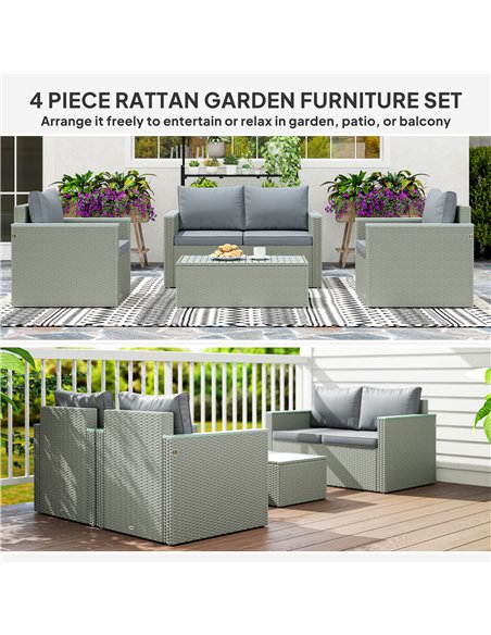 Outsunny 4 Piece Rattan Garden Furniture Set, 4 Seater Wicker Outdoor Sofa Set with 2 Armchairs, Loveseat, Acacia Wood Top Coffe - pic 164030 | FastDaddyshop