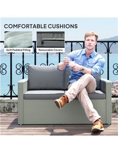 Outsunny 4 Piece Rattan Garden Furniture Set, 4 Seater Wicker Outdoor Sofa Set with 2 Armchairs, Loveseat, Acacia Wood Top Coffe