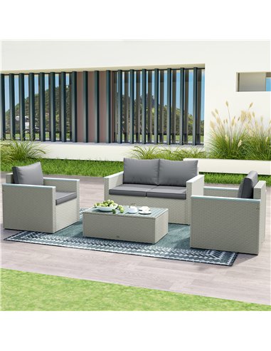 Outsunny 4 Piece Rattan Garden Furniture Set, 4 Seater Wicker Outdoor Sofa Set with 2 Armchairs, Loveseat, Acacia Wood Top Coffe
