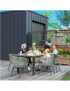 Outsunny Rattan Dining Set, 6 Seater Rattan Garden Furniture Set with Acacia Wood Top Rectangle Table, 6 Chairs, Washable Seat C 2