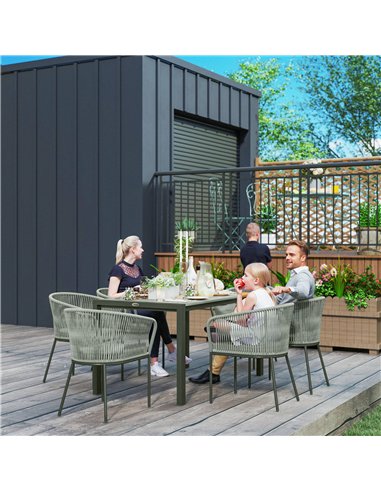 Outsunny Rattan Dining Set, 6 Seater Rattan Garden Furniture Set with Acacia Wood Top Rectangle Table, 6 Chairs, Washable Seat C