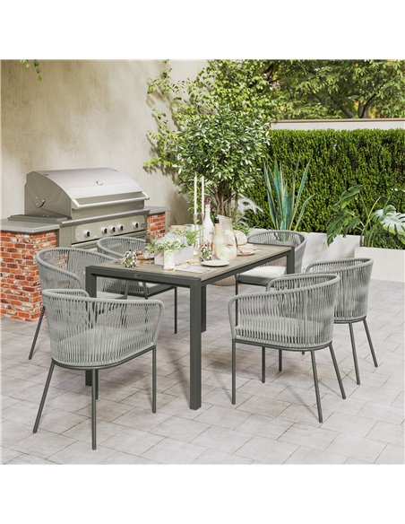Outsunny Rattan Dining Set, 6 Seater Rattan Garden Furniture Set with Acacia Wood Top Rectangle Table, 6 Chairs, Washable Seat C - pic 164043 | FastDaddyshop