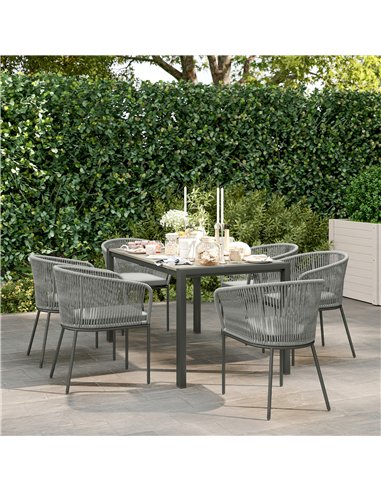 Outsunny Rattan Dining Set, 6 Seater Rattan Garden Furniture Set with Acacia Wood Top Rectangle Table, 6 Chairs, Washable Seat C