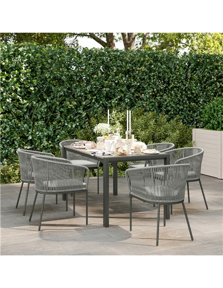 Outsunny Rattan Dining Set, 6 Seater Rattan Garden Furniture Set with Acacia Wood Top Rectangle Table, 6 Chairs, Washable Seat C - pic 164044 | FastDaddyshop