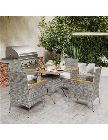 Outsunny Five-Piece Rattan Set, with Wood-Top Table - Teak